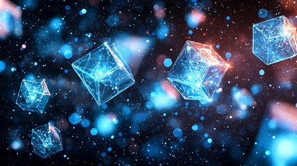 Wall Mural - Abstract glowing cubes floating in space; digital art, tech background.