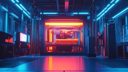 Poster - complex automated machinery performing industrial procedures inside a technologically advanced facil
