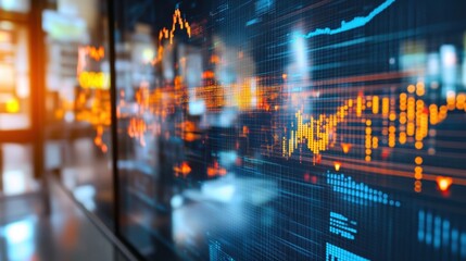 Poster - Futuristic transparent screen showcasing dynamic graphs, charts, and data visualizations, illustrating innovative production processes and real time market analysis in a modern business environment