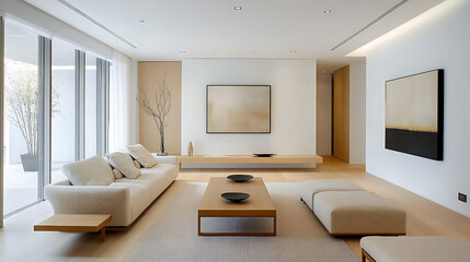 Wall Mural - Modern living room with neutral decor and minimalist design in a bright setting