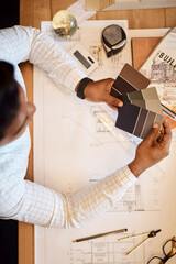 Poster - Choice, architect and person in office, color and documents for renovation, blueprint and above. Real estate, decision and floor plan for project, architecture and employee with palette for design