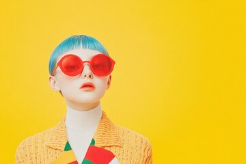 Sticker - Young model with blue hair and red sunglasses posing confidently against a vibrant yellow background, embodying a fun summer style and youthful energy