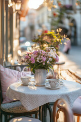 Wall Mural - Outdoor restaurant table decorated with flowers on sunny spring day. Celebrating Easter season in sunlit outdoor cafe.