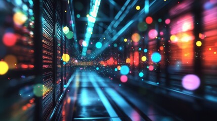 Poster - Server racks are generating colorful bokeh effect and light trails in a dark server room, showcasing an innovative and futuristic production process