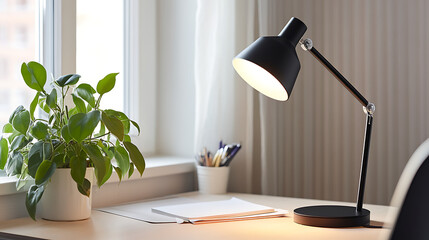 Wall Mural - Stylish black desk lamp illuminating a cozy workspace with a green plant nearby