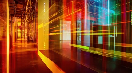 Poster - Light trails are reflecting in the glass walls of a modern data center, showcasing innovative production techniques and advanced technology