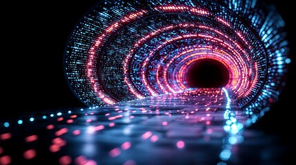 Wall Mural - Digital tunnel, data flow, glowing path, dark background, abstract concept.
