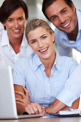 Aufkleber - Business people, team and happy with laptop in portrait with synergy, solidarity and excited for project. Group, man and women with computer, smile and planning at insurance agency in New Zealand