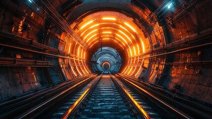 Wall Mural - Futuristic train tunnel, glowing orange lights, underground transport.