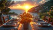 © Alisa - A romantic sunset dinner setting with a bouquet of flowers, glasses, and plates on a wooden table. AI generative. .