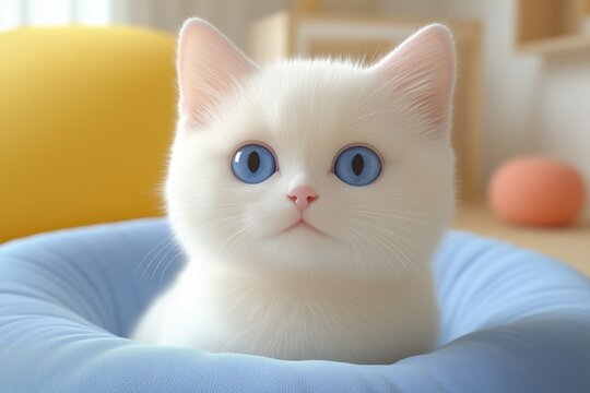 A fluffy white kitten with striking blue eyes sitting in a soft blue bed. The background features a cozy indoor setting with soft colors and minimal decor. 3d rendering cute illustration.