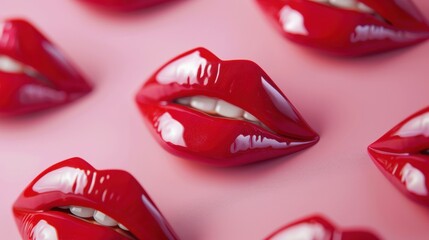 Poster - A vibrant arrangement of glossy red lips on a blurred pink backdrop captures attention with its playful and bold aesthetic