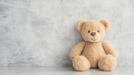 Wall Mural - A soft teddy bear is comfortably seated against a light gray wall, creating a warm and inviting atmosphere in this cozy space