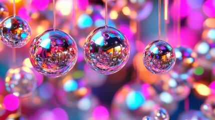 Poster - Brightly colored bubbles hang in the air, reflecting light and creating a joyful atmosphere with their vibrant hues against a dark backdrop
