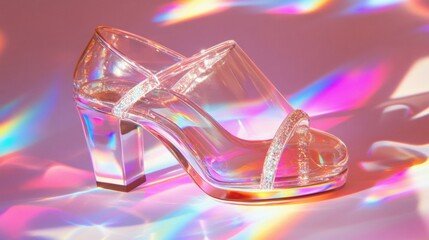 Poster - A stunning crystal glass shoe rests on a soft, colorful surface, reflecting vibrant hues and creating mesmerizing patterns of light
