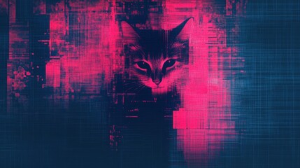 Poster - A cute cat emerges from a dark abstract geometric background with vibrant colors, creating a visually captivating composition