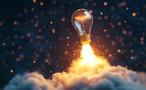 Glowing lightbulb launching like a rocket against a dark background, creative concept symbolizing ideas and innovation
