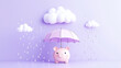 © RookStock - Adorable pink piggy bank under a pastel umbrella, shielding itself from falling raindrops, representing financial security and savings protection
