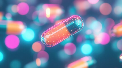 Fototapete - Colorful capsules float in a mesmerizing display, illuminated by soft bokeh lights that add depth and intrigue to the composition