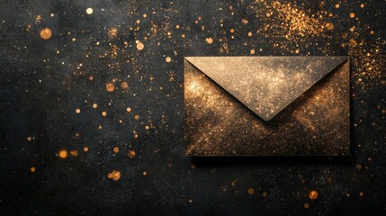 Poster - A golden envelope is set against a dark cosmic background, surrounded by sparkling particles that resemble stars and celestial elements