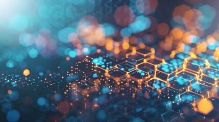 Fototapete - Bright hexagonal patterns create a mesmerizing abstract technology backdrop with glowing elements in vivid blue and orange tones