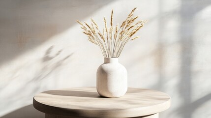 Poster - A concrete display pedestal prominently features a simple vase filled with dried grass, illuminated by gentle sunlight in a calm environment