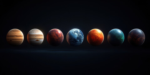 Wall Mural - image showcases stunning arrangement of seven planets in dark space setting, highlighting their unique colors and textures