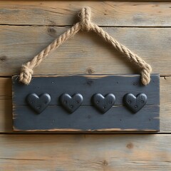 Rustic black wood hearts sign hanging on wood wall