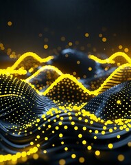 Poster - Yellow and black dynamic shapes with glowing dots abstract tech concept background