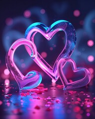 Poster - Blue and pink glowing love symbols abstract romantic Valentines concept background