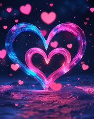 Poster - Blue and pink glowing love symbols abstract romantic Valentines concept background