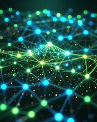 Poster - Green and blue glowing network nodes abstract tech concept background