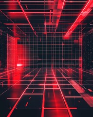 Poster - Red and black abstract tech grid with light effects background