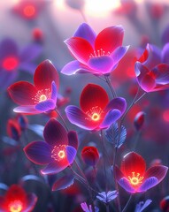 Poster - Red and lavender glowing abstract flowers with soft light effects background