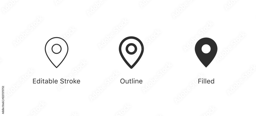 location pin icon, map pointer icon in editable stroke, outline, solid ...