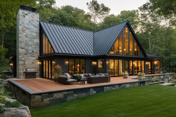 Wall Mural - This contemporary black and stone home features large, expansive windows and a beautiful outdoor living area, all nestled in a peaceful forest setting during the enchanting twilight hours