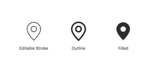 Poster - location pin icon, map pointer icon in editable stroke, outline, solid and filled style