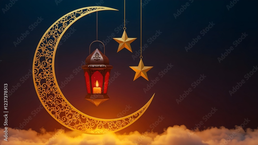 Ramadan lantern hanging on a crescent moon with glowing stars in the ...