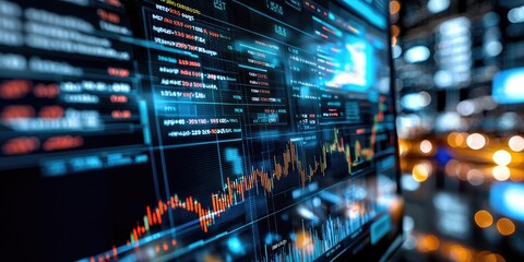 Fototapete - High-Tech Control Room with Multiple Screens Displaying High-Resolution Financial Graphs and Data Analytics Visualizations in a Modern Environment