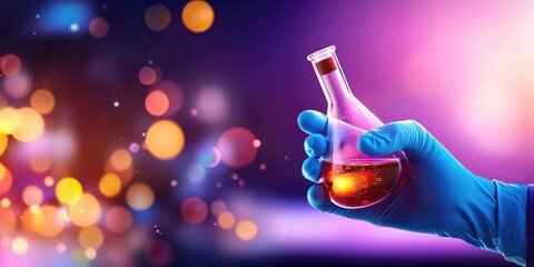 Leinwandbilder - Hand in Blue Glove Holding Laboratory Flask with Colorful Chemical Solution and Pipette in Modern Laboratory Environment with Scientific Background