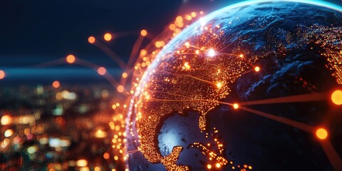 Poster - Digital representation of Earth showcasing glowing network connections, symbolizing global communication, technology advancement, and interconnectedness among nations.