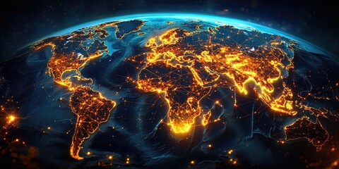 Aufkleber - Global connectivity at night showcasing illuminated continents with a network of lights illustrating technology and communication advancements across Earth