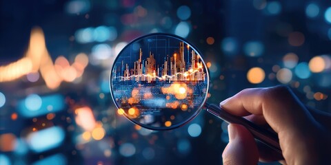 Aufkleber - Close-Up View Through Magnifying Glass Revealing Abstract Digital Data Patterns and Technical Illustrations with Futuristic Bokeh Background