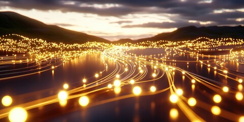Poster - Abstract network of glowing dots and connecting lines in a dark background, symbolizing technology, communication, and digital transformation concepts