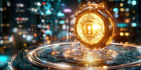 Poster - Futuristic Digital Lock on Circuit Board with Glowing Lights, Representing Cybersecurity and Data Protection in a Technology Landscape