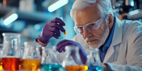 Poster - Scientist Conducting Experiment in Modern Laboratory with Glassware, Pipette, and Colorful Liquid Solutions in Background Setting