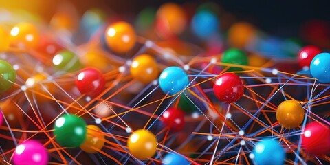 Aufkleber - Abstract colorful threads and beads forming a network on a blurred background, representing connection, creativity, and modern artistic expression