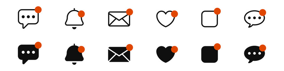 Leinwandbilder - Notification bell icon set. New email message notification icon or alarm alert reminder icon sign. Love like with Notifications and chat message speech bubble icon - Web icons collection set