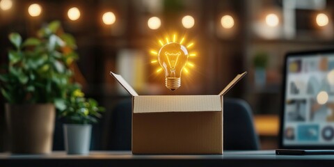 Aufkleber - Creative concept of an open cardboard box pouring ideas and innovations with a light bulb glowing over a modern workspace background