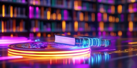 Aufkleber - Futuristic library interior showcasing glowing bookshelves with neon lights and digital overlays, blending technology and knowledge in a vibrant learning environment